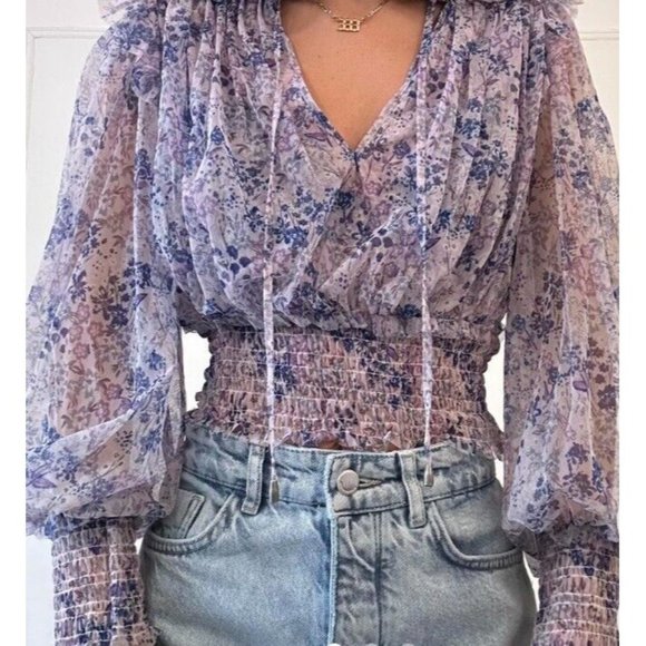 Free People Sheer Cropped Tie Floral Twyla Print Top Purple Blue Sz M Boho NWOT - Picture 6 of 16